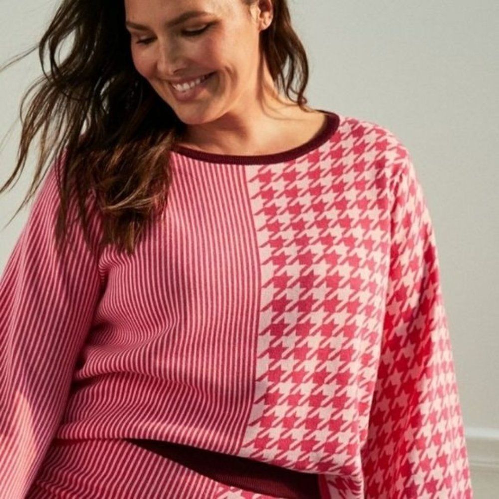 Anthro Dolan Knit Lounge Bell Sleeve Striped/Houndstooth Sweater Pink Large